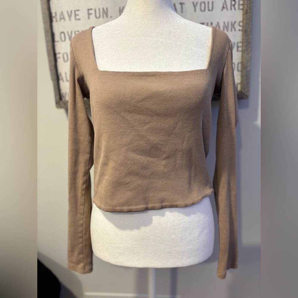 Zara Tan Long Sleeve Women's Square Neck Ribbed Crop Top L - Picture 2 of 12